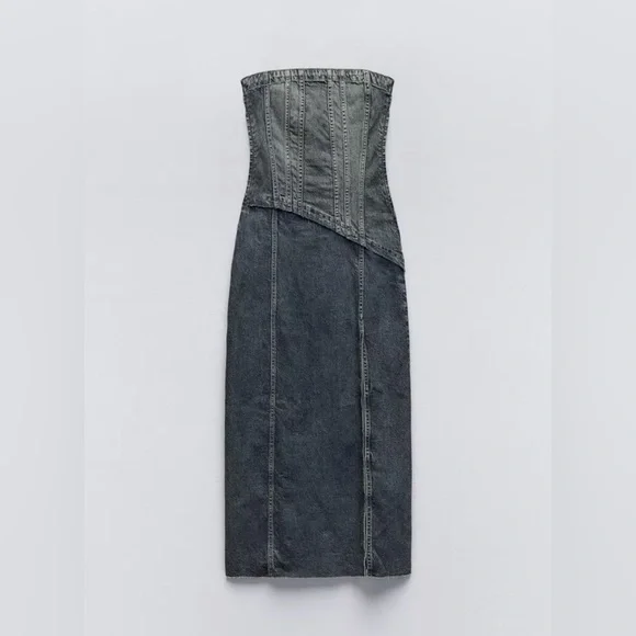 Zara TRF STRAPLESS DENIM MIDI DRESS. Navy Blue. Size XS. New with Tags. - Picture 9 of 10